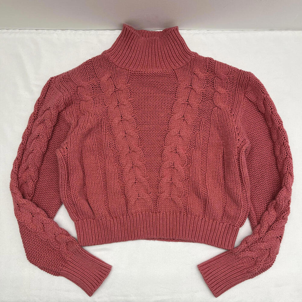 Aeropostale Pink Chunky Knit Mock Neck Cropped Sweater Sz M Cable Knit Sweater